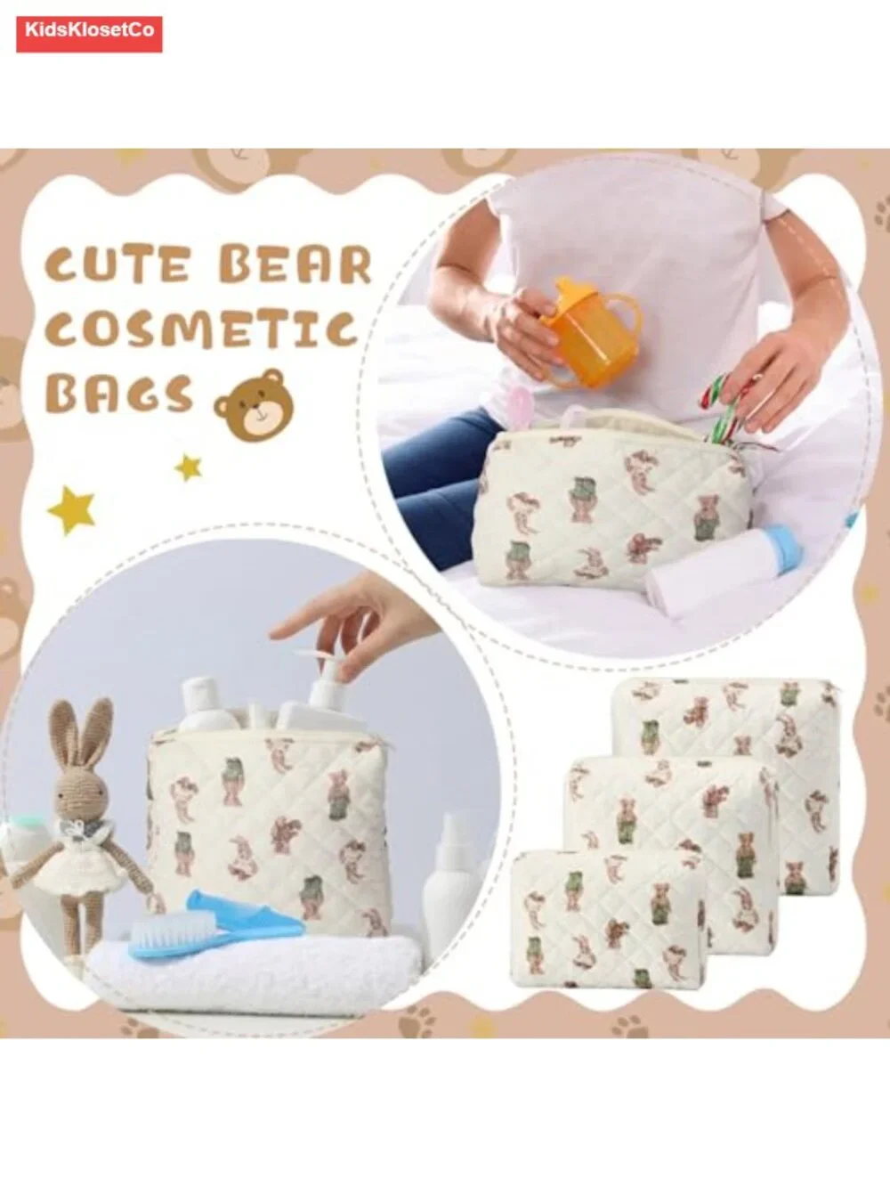 Quilted Cotton 3-Piece Diaper Bag Organizer Pouch Set with Bear Print